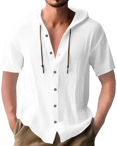 PRIVIMIX Mens Shirts Short Sleeve Cotton Linen Shirt Button Down Hooded Tshirt Summer Hoodie Top for Beach Holiday M-3XL