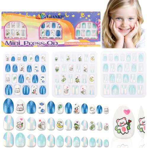 72 Stück Presse auf Nägel für Kinder, EBANKU 3 Pack Kid Fake Nail Kit Blauer Bär Katze Blume Presse auf Nägel für Mädchen 8-12 Jahre mit Jelly Nail Klebstoffe