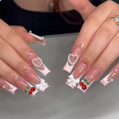 GlamRays 3D Cherry Bow Pearl False Nails White French Tips Press on Nails Extra Long Square False Nails with Design Glossy Overlay Artificial Nails