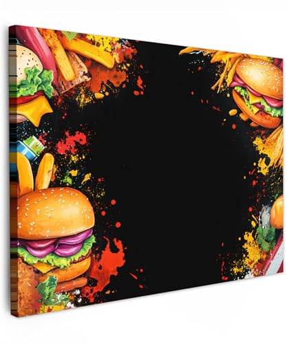 MuchoWow© Leinwandbilder Wall Art Decoration Bilder für die Wand - Modern | 70x50 cm - Schlafzimmer Deko Canvas Painting Wanddekoration Wohnzimmer Fast Food - Graffiti - Hamburger - Essen
