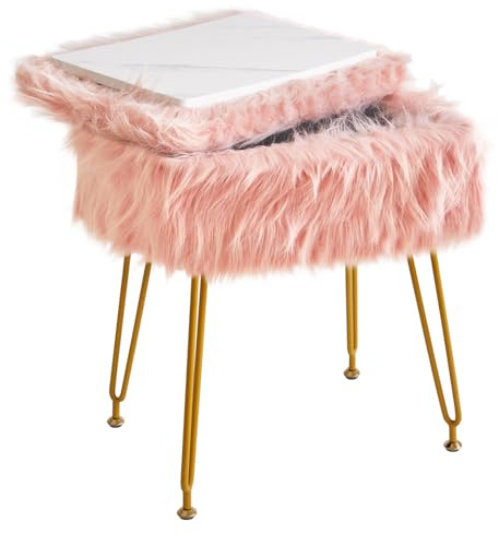 IBUYKE Rechteckiger Faux Fur Vanity Hocker mit Aufbewahrung, Pink WBD022P | Pelziger Make-up Stuhl Osmanischer weicher gepolsterter Sitz rund Fußlehne Fußhockel 4 Metallbeine Wohnzimmer Schlafzimmer
