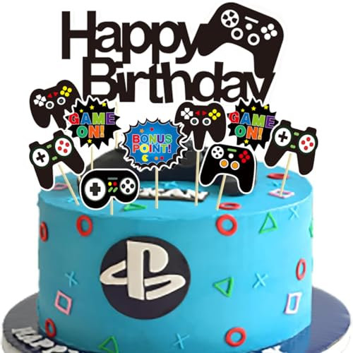 Video Game Cake Toppers, 13 pcs Glitter Video Game Happy Birthday Cake Decorations Gaming Theme Cupcake Topper for Boys Kids Gaming Birthday Party Supplies