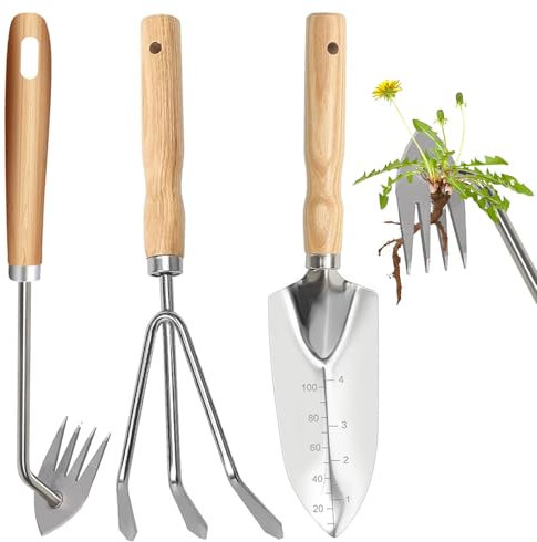 Hhaoysogd Gartenwerkzeug Set, 3 Teiliges Gartenhandwerkzeuge Klein Garden Tool Set mit Edelstahlschaufeln Unkrautstecher Harke für Pflanzen, Unkrautjäten, Rasenflächen und Gartenarbeit