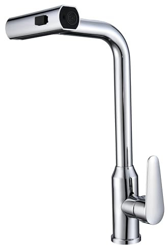 WLTEDRGO Waterfall Polished Chrome Kitchen Tap, 360° Swivel Kitchen Sink Taps with Pull Out Spray, Stainless Steel Mixer Tap with 3 Functions, 1 Hole Single Lever Sink Taps, High Pressure Faucet