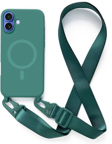 Leather Armor Handykette iPhone 16 (6.1) con cinta ajustable y collar magnético. Compatible con carga inalámbrica. -GGrün