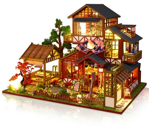Hallisun DIY Maison Miniature Japonaise, Kit de Maison de Poupée Miniature Japonaise, 3D Bois Maison à Sushis avec LED, Vitrine et Musique, Décoration Intérieure Cadeau d'anniversaire pour Adultes