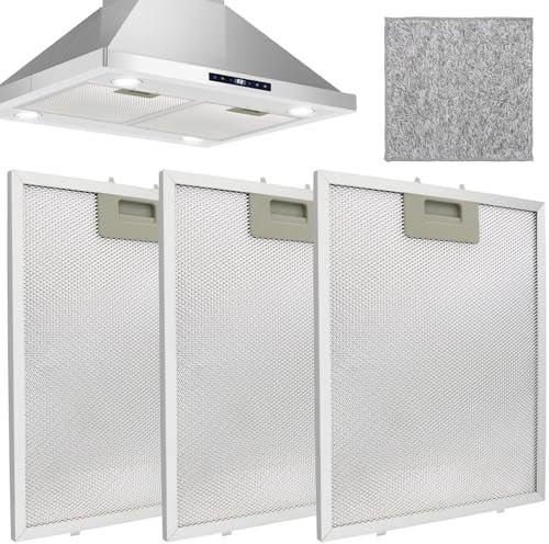 KASURE 3 Pack 5-Layer Aluminium Cooker Hood Filter and a Microfiber Cleaning Cloth, 320x260mm Metal Hood Grease Filters, Universal Extractor Fan Filters, Cooker Hood Filter Replacement