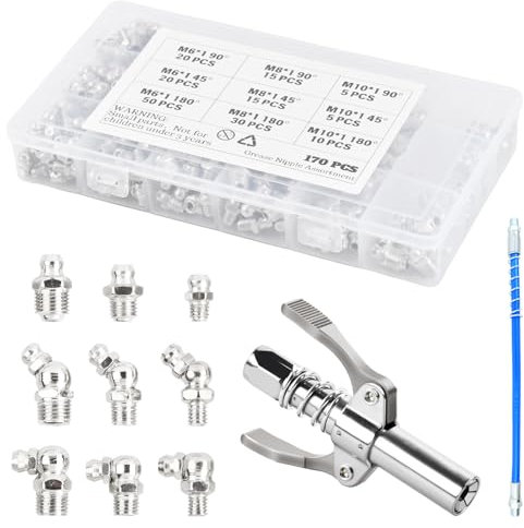 Focenat Assortiment de Graisseur, 170 Pièces Graisseur M6 M8 M10, Embout pour Pistolet à Graisse avec Tuyau de 30cm, Raccord de Pistolet à Graisse, Graisseur pour Presses à Graisse