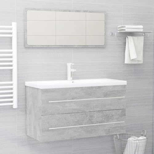 Bucmath Ensemble de 2 meubles de salle de bain gris béton, meuble de salle de bain en bois, lavabo de 90 cm, avec tiroir, miroir, design moderne, ensemble de meubles de salle de bain durables