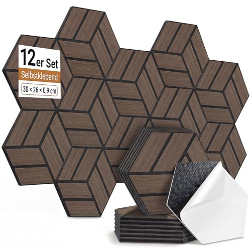 AUSLET 12 Stück Hexagon Akustikplatten Selbstklebend, 30 x 26 x 0,9 cm Hohe Dichte schallabsorber wand, Schallschutzplatten für Studio, Büro, Akustische Behandlung und Gaming deko, Walnuss