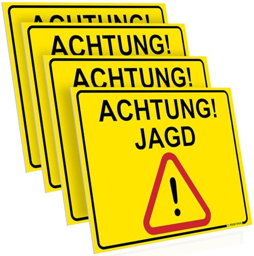 PRINTIMA 4x Schild ACHTUNG! JAGD 40x30 cm PVC Warnschild wetterfest für innen und außen inkl. Montageset Hinweisschild für Jagdgebiet Wald Forst Privatgelände Sicherheit