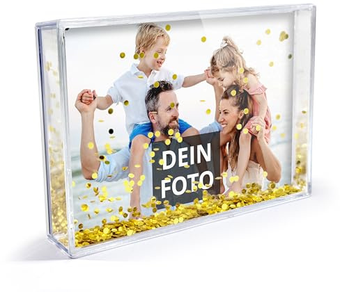 PhotoFancy® - Personalisierter Schüttelrahmen mit Foto - 3D Bilderrahmen mit Gold-Konfetti-Füllung und eigenem Foto gestalten - Acryl-Fotoblock