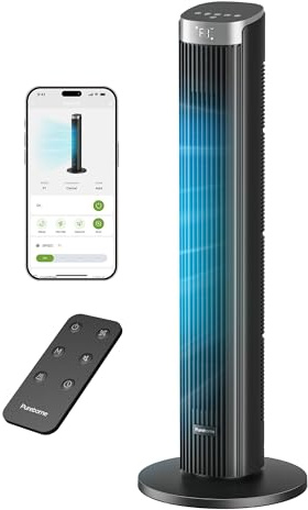 Pureborne Ventilatore a Torre Silenzioso 23 dB, 91,4 cm, Smart Ventilatore da Pavimento con Oscillazione 90°, 4 Velocità e 4 Modalità, Timer 12H, per Camera da Letto, Nero – 1 Pack + 4 modalità