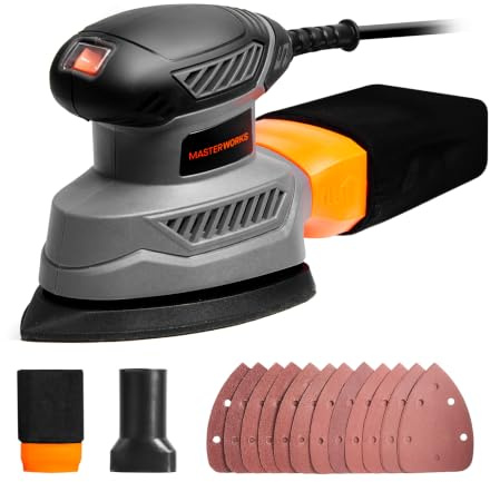 MasterWorx MasterWorks Detail Sander, 13000RPM Corded Triangle Mouse Sander | Dust Collector, Sanding Sheets, Compact Palm Sander for Wood, Paint, Corners & Tight Spaces