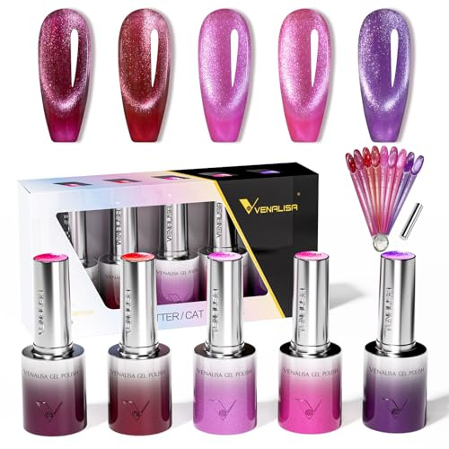 VENALISA Cat Eye Gel Nail Polish Set 5 Colours UV Gel Soak Off GC09 | Magnetic Cat Eye Effect • Galaxy Purple Brown • DIY Nail Art • Magnet & Nail Tips & Labels Included • Highly Pigmented