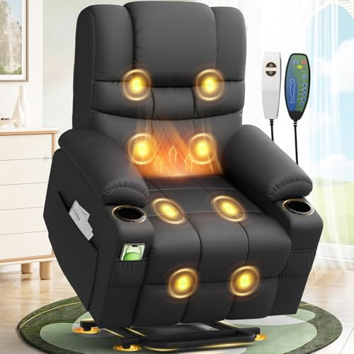 SQUEBILIFE Fernsehsessel Relaxsessel mit 45°Aufstehhilfe, Elektrisch TV-Sessel Wohnzimmer-Sessel mit Massagefunktion & Lendenwirbelheizung, Typ-C + USB-Anschlüsse, 2 Getränkehalter & 4 Seitentaschen