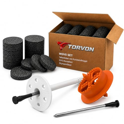 TORVON WDVS SET (Tacos aislantes de Ø10x120mm con clavo de plástico 200 unidades + Anillos de poliestireno EPS de Ø67x16mm 200 unidades + Fresadora de poliestireno 1 unidad) Tacos de impacto para