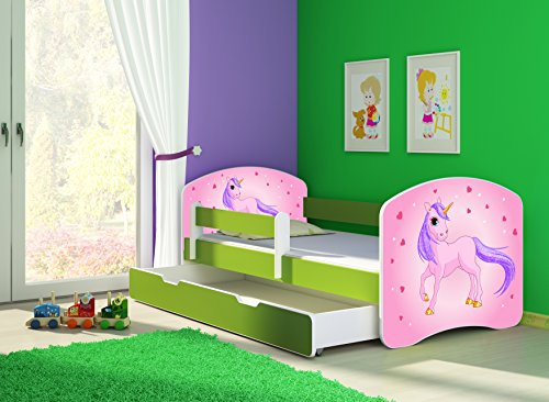 CLAMARO 'Fantasia Grün' 180 x 80 Kinderbett Set inkl. Matratze, Lattenrost und mit Bettkasten Schublade, mit verstellbarem Rausfallschutz und Kantenschutzleisten, Design: 17 Einhorn