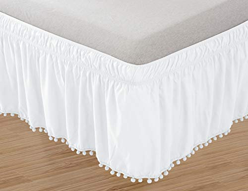 Elegant Comfort Top-Knot Jupe de lit élastique à Franges à Pompons, Infroissable, Hauteur de 40,6 cm, pour lit Simple/Double, Beige