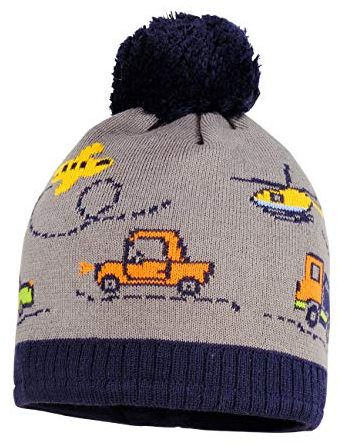 maximo Baby-Jungen ohne Rand mit Fahrzeugen und Pompon Mütze, Mehrfarbig (Holzkohle/DKL.Marine 3711), (Herstellergröße: 49)