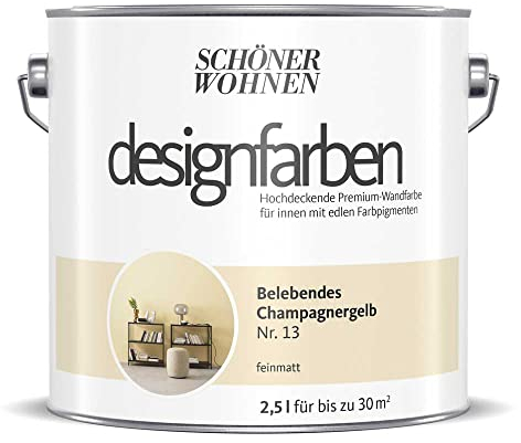 Schöner Wohnen designfarben feinmatte Wandfarbe für innen 2,5 Liter mit go/on Rollen-Set 5-tlg (Nr 13 Belebendes Champagnergelb)