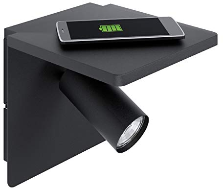 EGLO Wandlampe Ciglie, 1 flammige Wandleuchte, Material: Aluminium, Stahl, Farbe: Schwarz, inkl. QI-Charger (wireless charging), Fassung: GU10