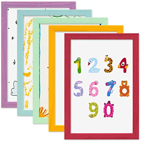 PHOTOLINI Bilderrahmen Kinderzimmer A4 21x30 cm Bunt, 5er Set Wechselrahmen farbig, Holz, Acrylglas, Made in Germany, zum Aufhängen, mit Zubehör - für bunte Kinderbilder