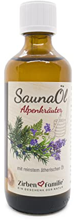 Zirben Familie® Saunaaufguss Alpenkräuter 100ml | Saunaöl Kräuterwiese und Wald Aroma | Sauna Aufgussmittel Naturrein | Saunazubehör für traditionelle und Infrarotsauna