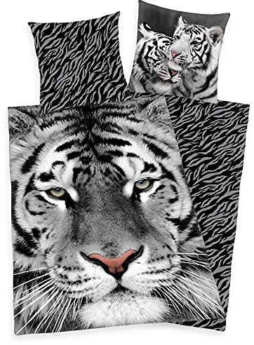 Klaus Herding GmbH Bettwäsche Set weißer Tiger 135 x 200 cm 80 x 80 cm 100% Baumwolle