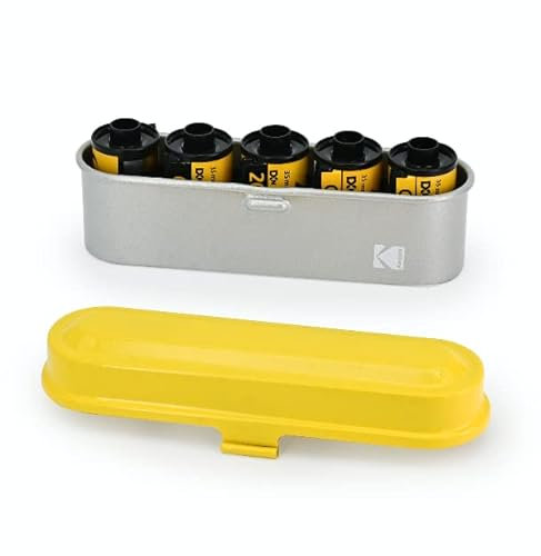 KODAK Film Case - for 5 Rolls of 35mm Films - Compact, Retro Steel Case to Sort and Safeguard Film Rolls (Yellow Top/Silver Body) (Film is not Included)