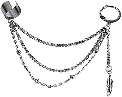 Vintage-Quasten-Ohrmanschette, Crawler, Kletter-Ohrring für Damen, Mädchen, Herren, Edelstahl, Knorpel, kleine Kreolen, zum Aufstecken, Federblatt, mehrschichtige Kette, Modeschmuck, einteilig