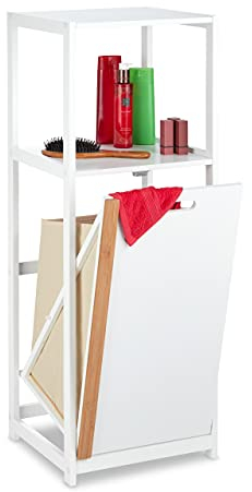 Relaxdays Badregal mit Wäschekorb, 2 offene Ablagen, kippbarer Wäschesammler, MDF & Bambus, HBT: 98x36x30 cm, weiß/natur
