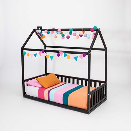 Sweet Home From Wood Hausbett mit rausfallschutz, Bett mit entnehmbarem Bettgitter/Rausfallschutz, Lattenrost, Hausbett (90 x 200 cm, Schwarz)