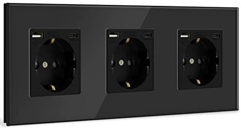 BSEED USB Steckdose Tripel Schwarz - Schuko Mit USB Anschluss (Max. 2.1A) Typ C Port Unterputz Glas Schutzkontakt-Ladegerät Für Handys, Laptops Etc