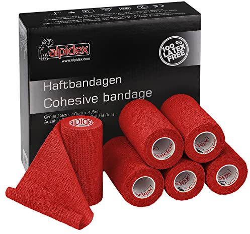 ALPIDEX 6 Rollen Haftbandage 10 cm x 4.5 m Verband Selbstklebend Elastisch Pet Bandagen Fixierband Sport Vet Wrap Tape Selbsthaftend Verbandsmaterial Pferde Hunde Menschen, Farbe:rot