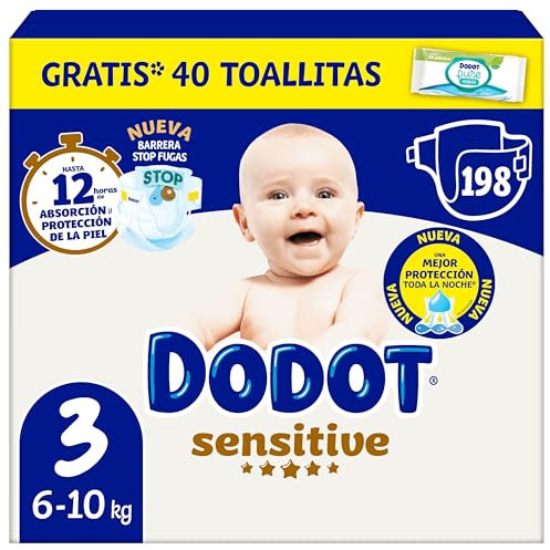 Dodot Pañales Bebé Sensitive, Talla 3 (6-10 kg), 198 Pañales + Regalo de 40 Toallitas Aqua Pure 99% Agua, Hasta 12 h De Protección Antifugas y Cuidado de la Piel, Pack Mensual