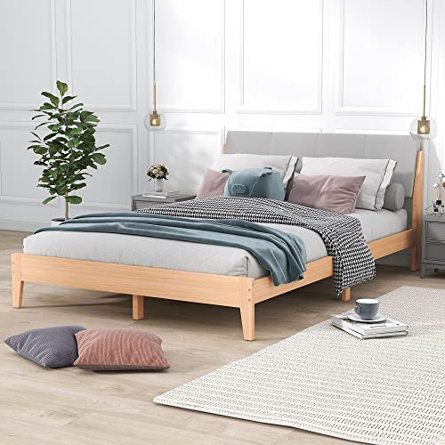 ZYLOYAL10 Holzbett, Doppelbett, Polster Kopfteil, Jugendbett, Erwachsenenbett, Rahmen aus Kiefernholz, Natur (140 x 200 cm)