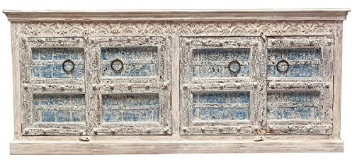 Sideboard Tejas Indische Kommode aus Mangoholz mit aufwendiger Antiker Front Oriental Schlafzimmer Weiß Blauwash 222 cm