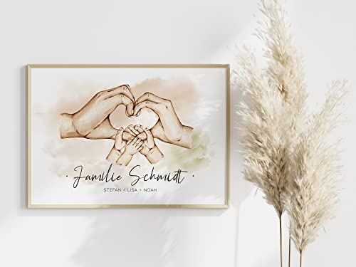 Manschin-Laserdesign Poster Familie Hände personalisiert mit Namen in A4 A3 A2 als Geschenk für Mama zur Geburt Muttertag Familienbild (3 Kinder)