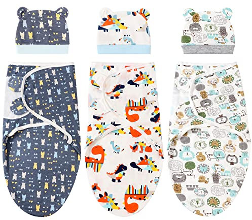 DRESHOW Newborn Swaddle Decke Hut Set Baby Gedruckt Swaddles Säugling Einstellbar Schlafsack für 0-3 Monate Mädchen Jungen