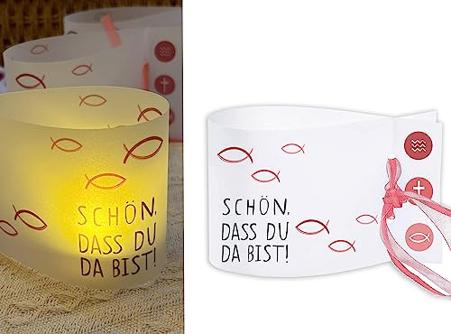Sugeru Windlicht Fisch Deko | 16 Stück Mini Tischlichter Kerzen Deko als Tischdeko für Junge und Mädchen | Kommunion Konfirmation Taufe Teelichter I Schön DASS du da bist I ca. 12,0 x 8,0 cm (Rot)
