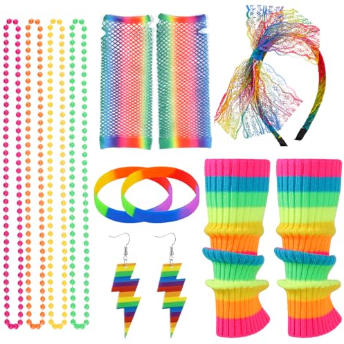 FRIUSATE 80s Fancy Dress Costumes Accessories, 1980s Party Costume Accessories Set Neon Leg Warmers Fishnet Gloves Earrings Bracelet Necklace Headband, Retro Outfit for 80s Party Dress up Day