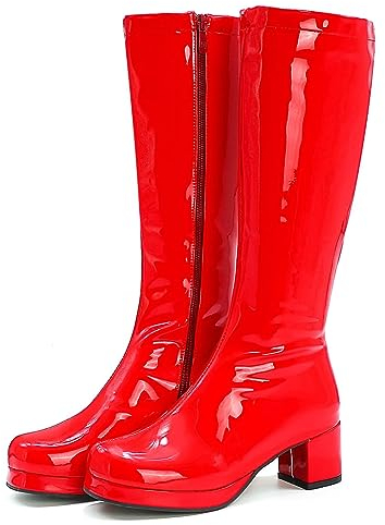 Stivali Alti Color Caramella Lucidi Donna,Stivali Cavallerizzo Zip Laterale per sfilate di Moda Casual,Stivali al Ginocchio Tacco Pelle Verniciata Sexy,Rosso,40 EU