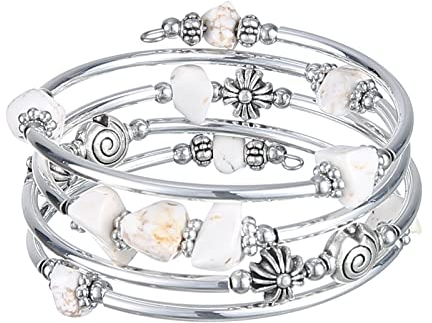 FULU AUTUMN Damen Boho Armband mit Mehrschichtiges Perlen Silber Wickelarmband Modeschmuck Geschenke zum Geburtstag und Muttertag für Frauen(19-White turquoise)