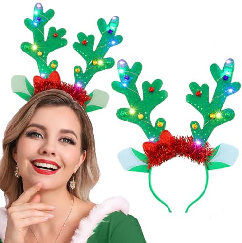 Fashband Serre-tête lumineux en bois de renne de Noël pour femmes et filles - Accessoires pour cheveux pour Noël, Halloween, fête et cosplay (vert), Taille unique