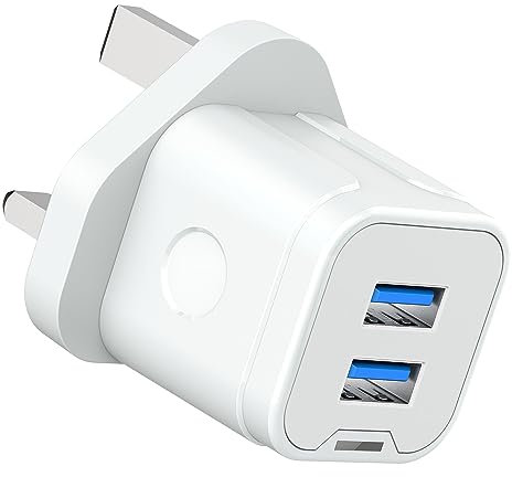 iPhone USB Plug,Dual USB Charger Plug Adaptor UK 3 Pin Mains Charger Double Port 5V 2Amp Phone Charging Plug for iPhone 16 15 14 13 12 11 Pro Max 10 XS X XR 8 7 6 6S Plus 5 SE 2020,iPad Pro/Air/Mini