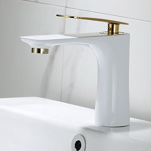 ZYCDP Robinet Mitigeur lavabo Salle de Bain Mitigeur Lavabo Blanc et Or Robinet de Salle de Bain Monocommande Mitigeur Lavabo Chaud Et Froid, Court