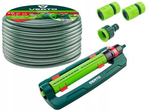 VERTO Gartenschlauch 1/2 Zoll - 50 m + Oszillierender Sprinkler + 3 Stück Anschluss Kit | Gartenbewässerung Komplettes Starterset - Grün Schlauch ist UV-beständig, Max 20 Bar, -5°C bis +30°C