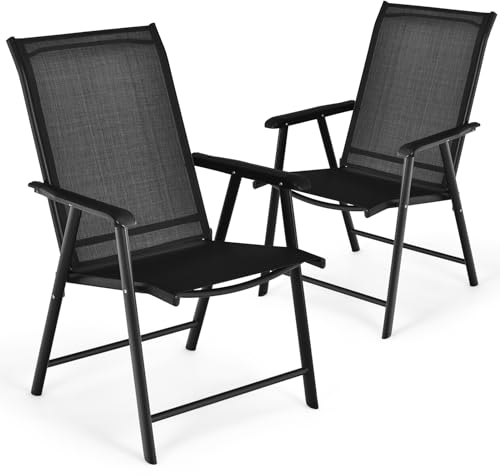 COSTWAY 2PCS/4PCS Folding Garden Chairs, Portable Outdoor Dining Chairs with Armrests, Metal Frame Patio Bistro Chair Deck Camping Seats for Balcony, Lawn and Poolside (2, Black, 69 x 59 x 92 cm)