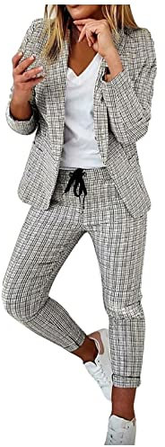 Tailleur 2 PièCes Femme Ensemble Blazer Et Pantalon OL Imprimé à Carreaux Slim Fit Formel Bureau Travail Office Costume Col Revers Veste Manteau Ensemble
